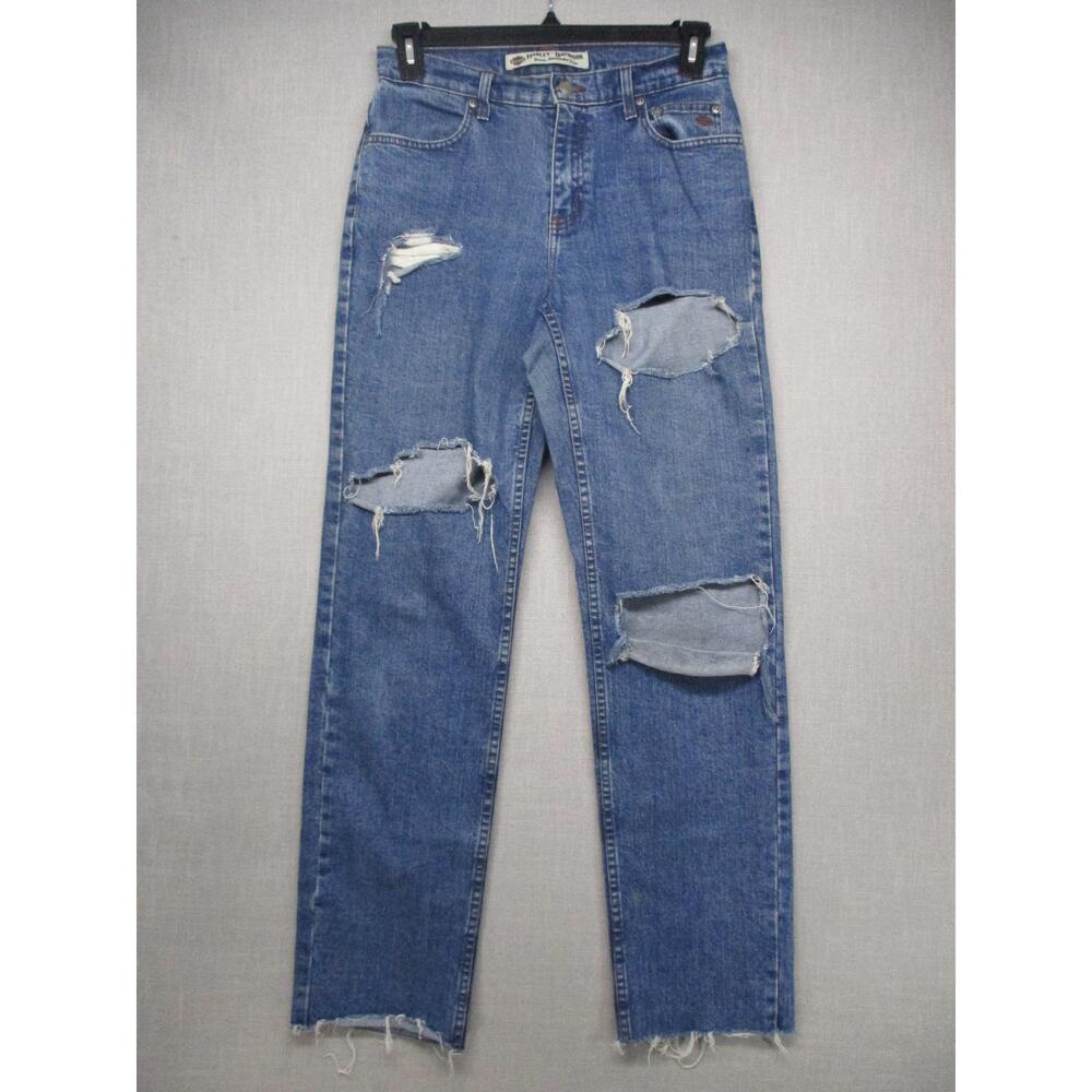HARLEY-DAVIDSON Blue‎ Distressed Ripped Biker Jeans Womens Size 8